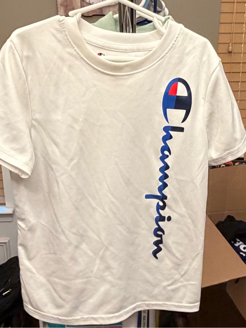 Champion White Shirt with Blue and Red Script Logo